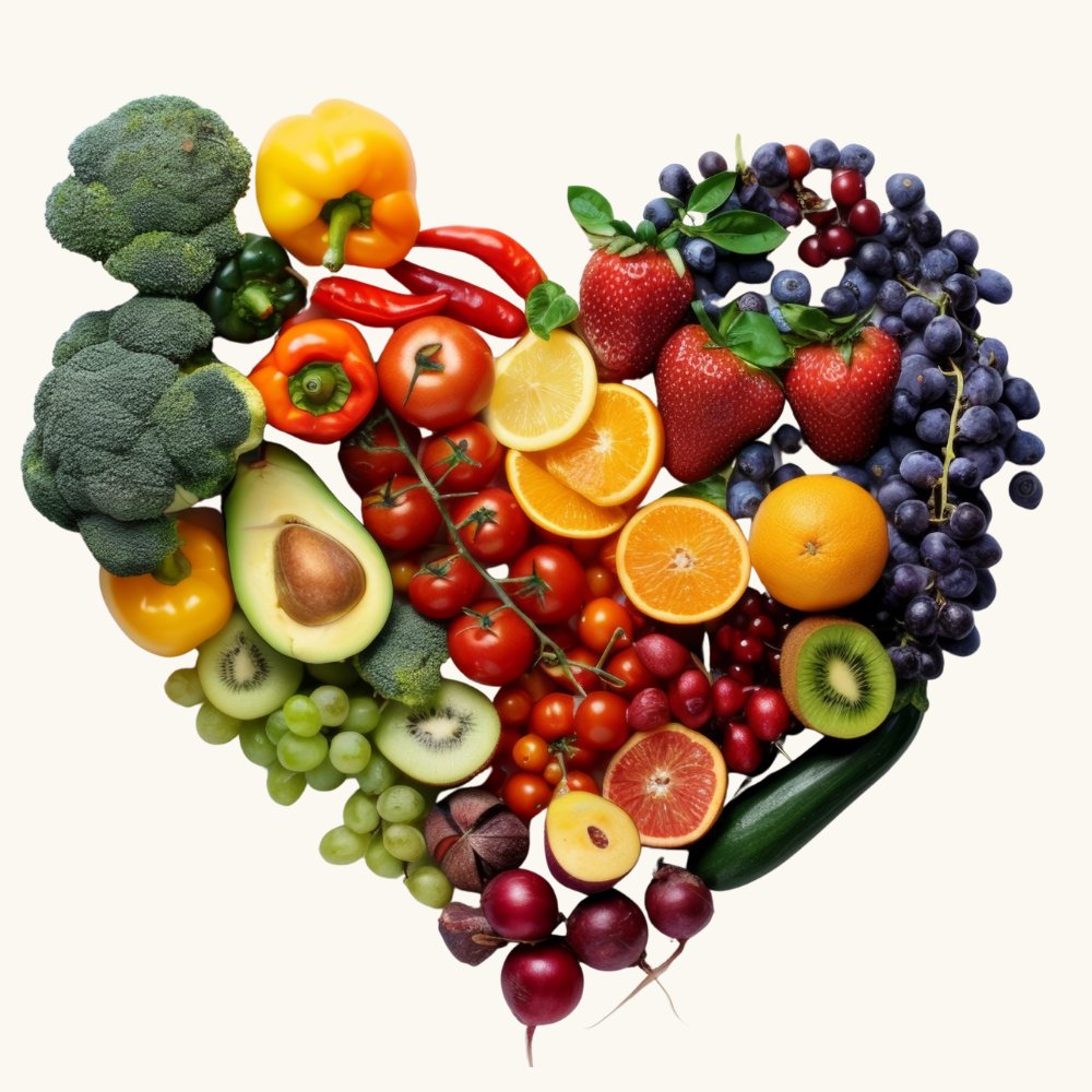 A heart made of fresh fruit and vegetables